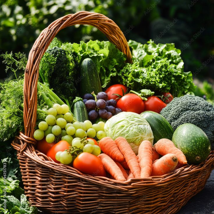 Seasonal vegetables and fruit in a market basket for meal planning