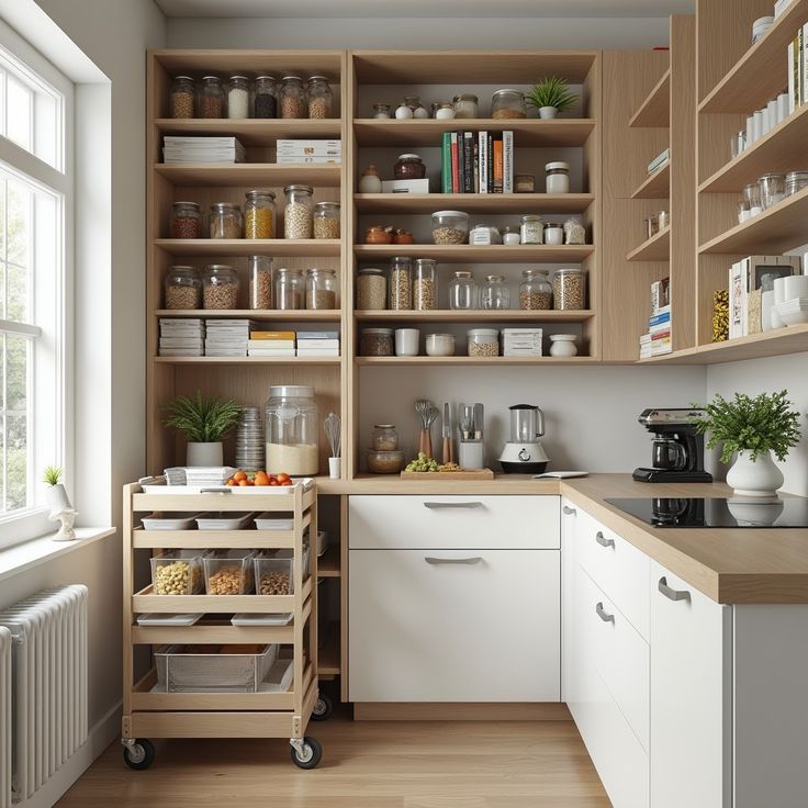Labeled pantry shelves showing organized food zones